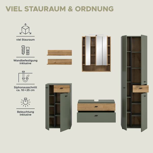 Badset Aqua 5-teilig Kombi B Dunkelgrün / Eiche Evoke Dekor - Mit Beleuchtung