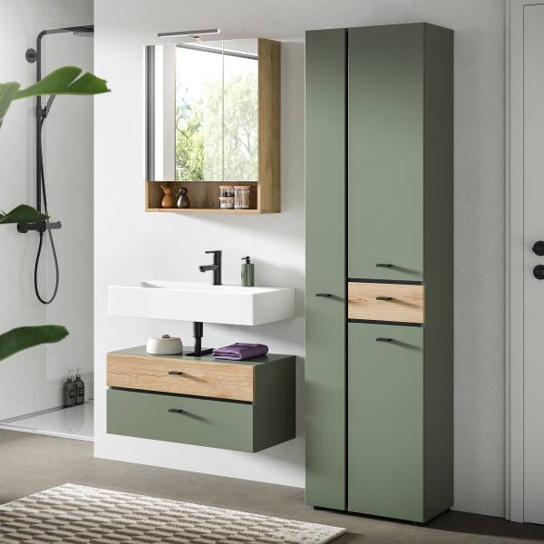 Badset Aqua 3-teilig Kombi B Dunkelgrün / Eiche Evoke Dekor - Mit Beleuchtung
