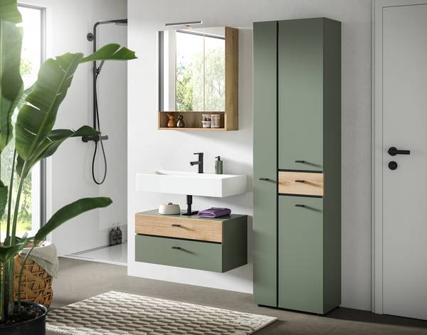 Badset Aqua 3-teilig Kombi B Dunkelgrün / Eiche Evoke Dekor - Mit Beleuchtung
