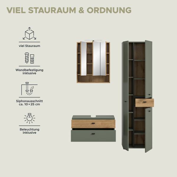 Badset Aqua 3-teilig Kombi B Dunkelgrün / Eiche Evoke Dekor - Mit Beleuchtung