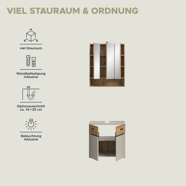 Badset Aqua 2-teilig Kombi A Kaschmir / Eiche Evoke Dekor - Mit Beleuchtung