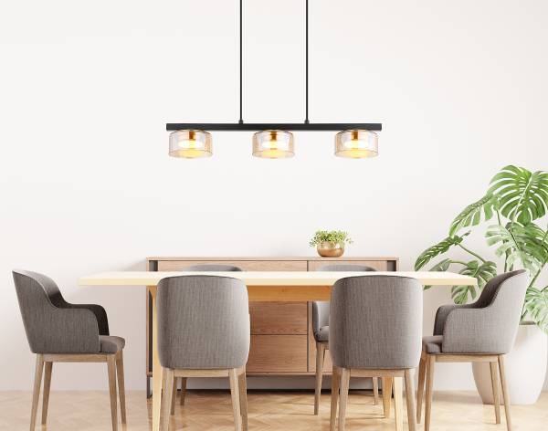 LED-Pendelleuchte Higgins Eisen / Farbglas - Bernstein - Flammenanzahl: 3