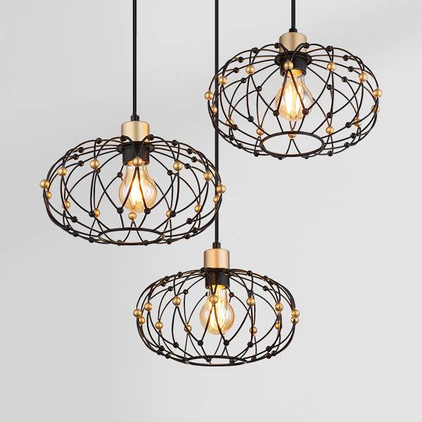 Hanglamp Greys rond ijzer - zwart/goudkleurig - Aantal lichtbronnen: 3