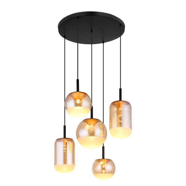LED-Pendelleuchte Severin Rund Eisen / Farbglas - Schwarz / Bernstein - Flammenanzahl: 5