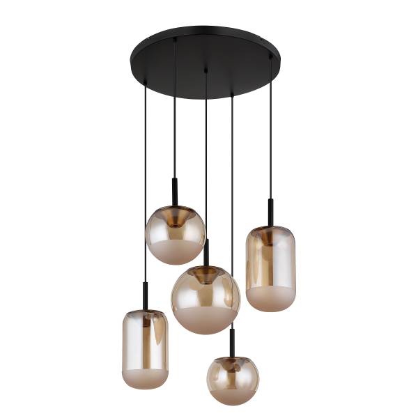 LED-Pendelleuchte Severin Rund Eisen / Farbglas - Schwarz / Bernstein - Flammenanzahl: 5