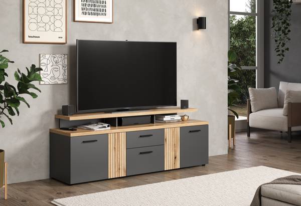 TV-Lowboard Esteban mit TV-Aufsatz Anthrazit / Eiche Evoke Dekor