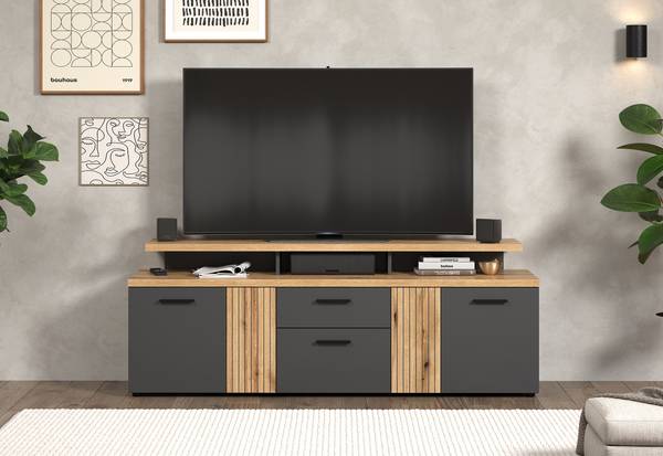 TV-Lowboard Esteban mit TV-Aufsatz Anthrazit / Eiche Evoke Dekor