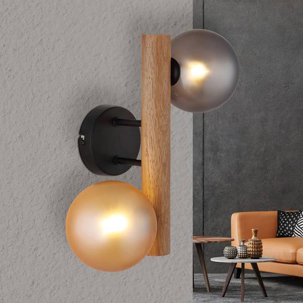 Wandlamp Riha Wood ijzer/rubberhout - zwart - 2-lichts