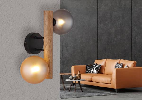 Wandlamp Riha Wood ijzer/rubberhout - zwart - 2-lichts