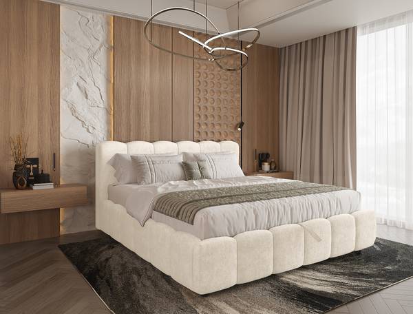 Letto imbottito contenitore Esliaa Tessuto Bouclé Laena: crema - 180 x 200cm