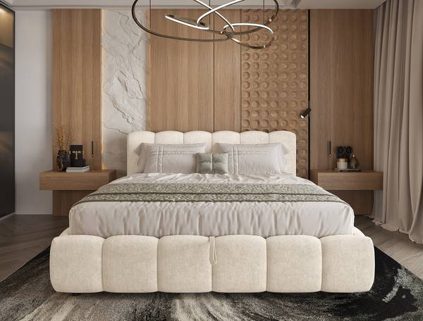Letto imbottito contenitore Esliaa Tessuto Bouclé Laena: crema - 180 x 200cm