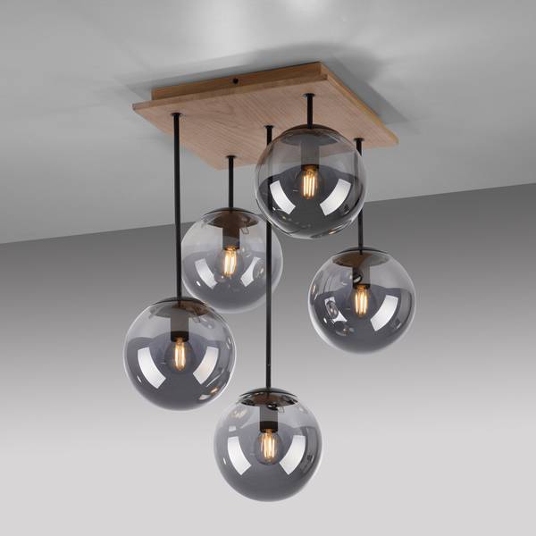 Plafondlamp Gerda Window rookglas/eikenhout - grijs - 5-lichts