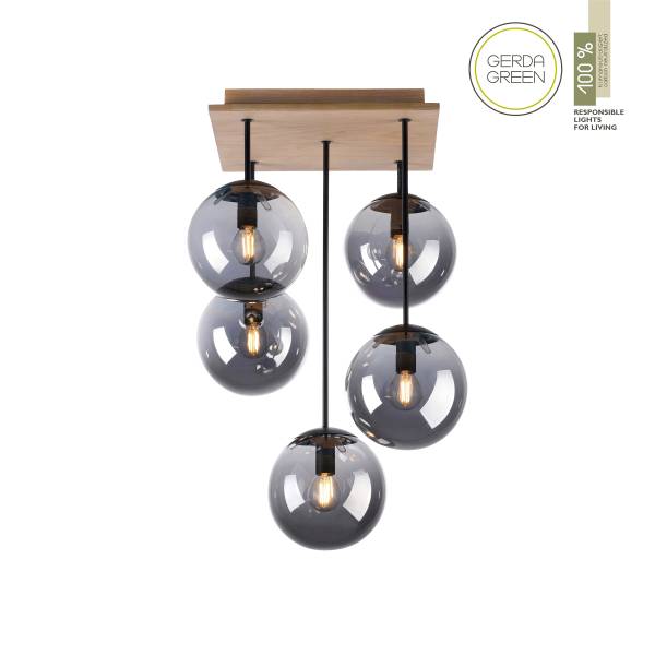 Plafondlamp Gerda Window rookglas/eikenhout - grijs - 5-lichts