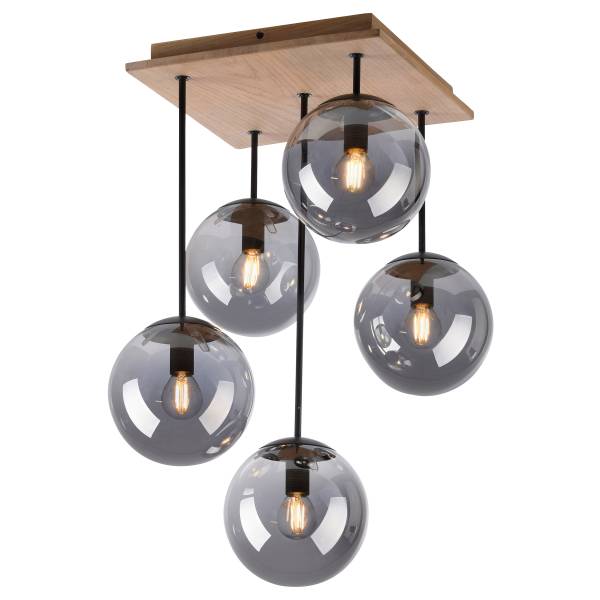 Plafondlamp Gerda Window rookglas/eikenhout - grijs - 5-lichts