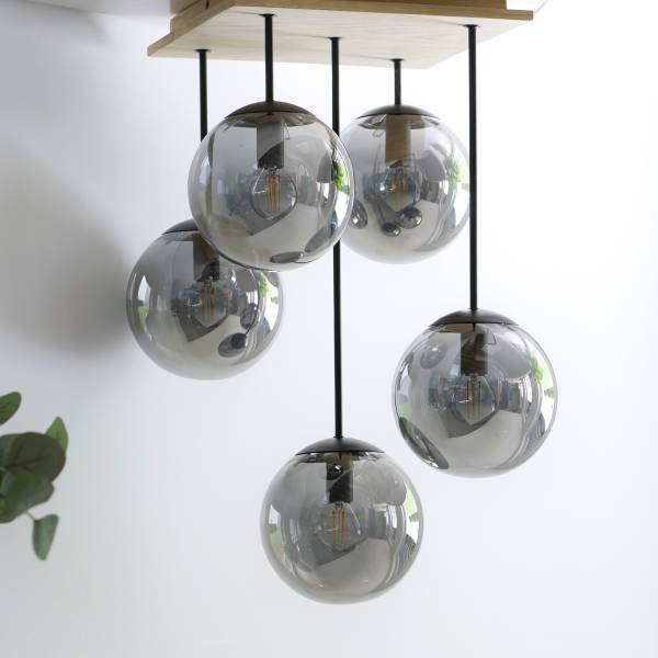 Plafondlamp Gerda Window rookglas/eikenhout - grijs - 5-lichts