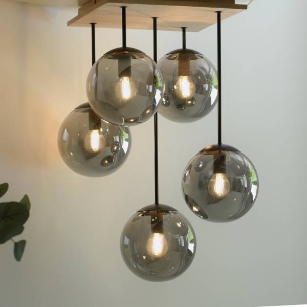 Plafondlamp Gerda Window rookglas/eikenhout - grijs - 5-lichts