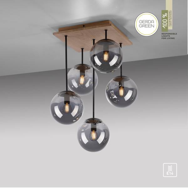 Plafondlamp Gerda Window rookglas/eikenhout - grijs - 5-lichts