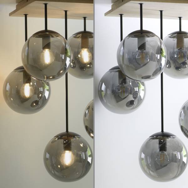 Plafondlamp Gerda Window rookglas/eikenhout - grijs - 5-lichts