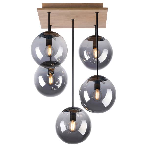 Plafondlamp Gerda Window rookglas/eikenhout - grijs - 5-lichts