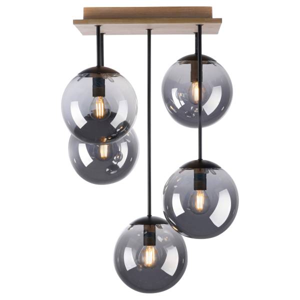 Plafondlamp Gerda Window rookglas/eikenhout - grijs - 5-lichts
