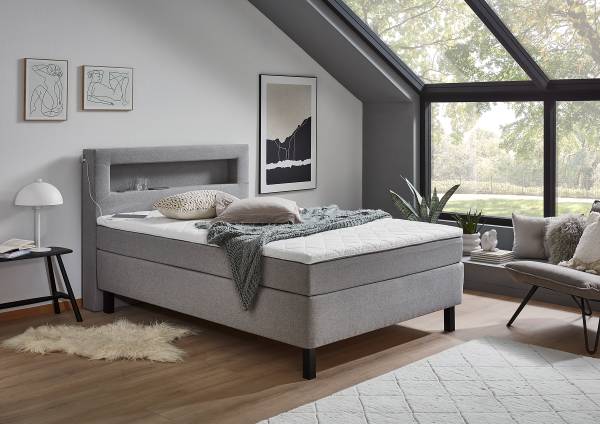 Boxspringbett Nalour mit LED-Beleuchtung Grau - Strukturstoff - 140 x 110 x 200 cm