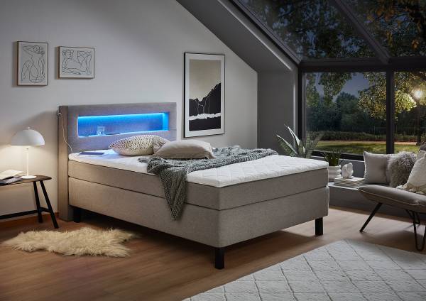 Boxspringbett Nalour mit LED-Beleuchtung Grau - Strukturstoff - 140 x 110 x 200 cm