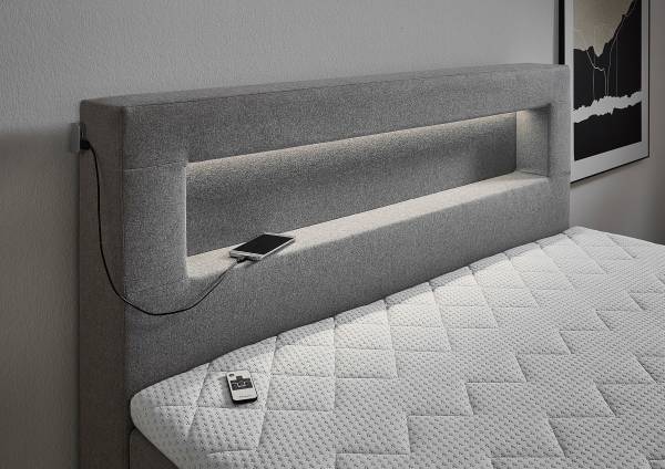 Boxspringbett Nalour mit LED-Beleuchtung Grau - Strukturstoff - 140 x 110 x 200 cm