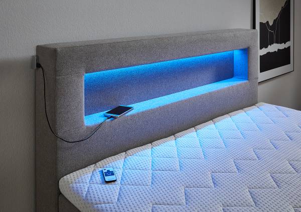 Boxspringbett Nalour mit LED-Beleuchtung Grau - Strukturstoff - 140 x 110 x 200 cm