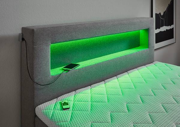 Boxspringbett Nalour mit LED-Beleuchtung Grau - Strukturstoff - 140 x 110 x 200 cm