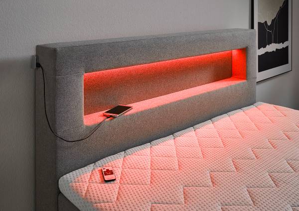 Boxspringbett Nalour mit LED-Beleuchtung Grau - Strukturstoff - 140 x 110 x 200 cm