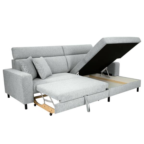 Ecksofa Girne mit Schlaffunktion Webstoff Gleni: Hellgrau - Longchair davorstehend rechts
