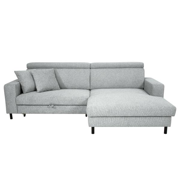 Ecksofa Girne mit Schlaffunktion Webstoff Gleni: Hellgrau - Longchair davorstehend rechts