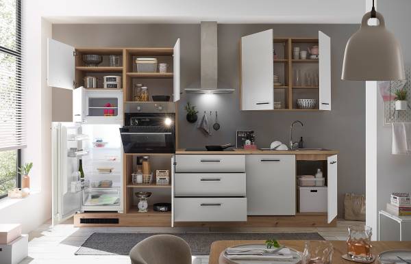 Autarke Küchenzeile Glowe 310 cm Matt Weiß / Eiche Artisan Dekor - Ohne Elektrogeräte