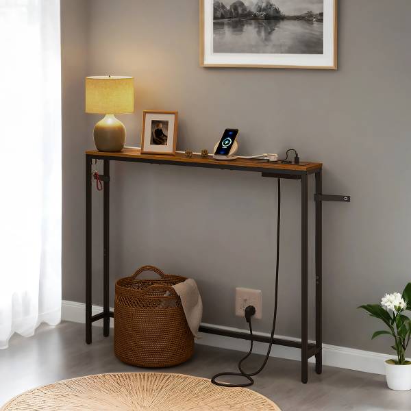 Table console Long Pine avec prise Décor Bois Ancien / Noir