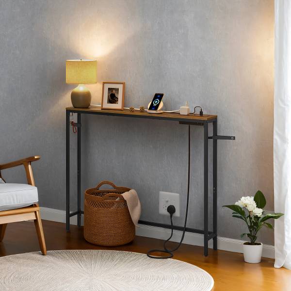 Table console Long Pine avec prise Décor Bois Ancien / Noir