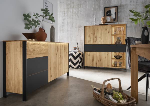 Massives Sideboard Baldoc Wildeiche / Glas Matt Anthrazit