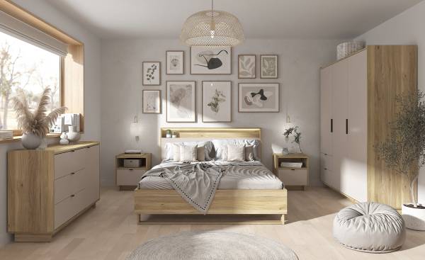 Bedframe met verlichting Zhabas kasjmier/Mauvella eikenlook