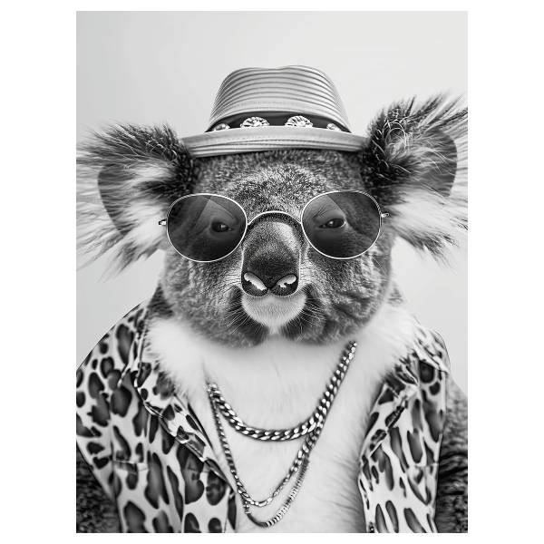 Glasbild Cool Koala Schwarz - Weiß - Sicherheitsglas - 60 x 80 x 0.4 cm