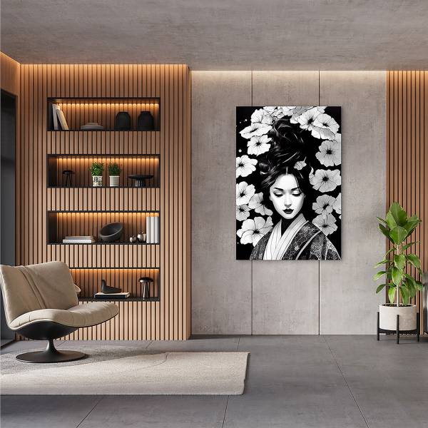 Leinwandbild Asia Lotus Schwarz - Weiß - Mischgewebe - Pinie - 80 x 120 x 3.1 cm