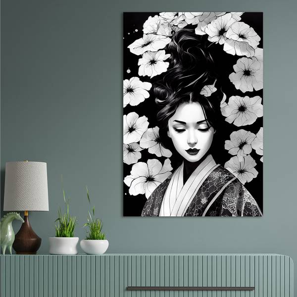 Leinwandbild Asia Lotus Schwarz - Weiß - Mischgewebe - Pinie - 80 x 120 x 3.1 cm