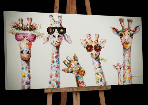Leinwandbild Kuriose Giraffenfamilie 70 x 140 cm