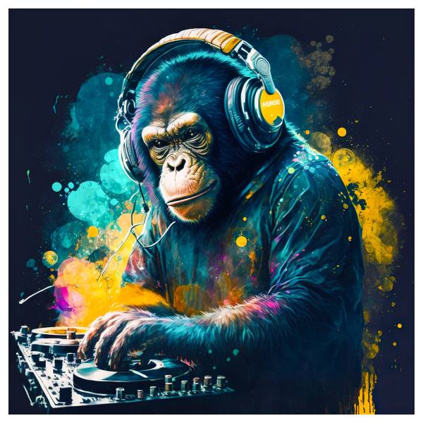 Leinwandbild Monkey DJ Multicolor - Mischgewebe - Pinie - 95 x 95 x 3.1 cm