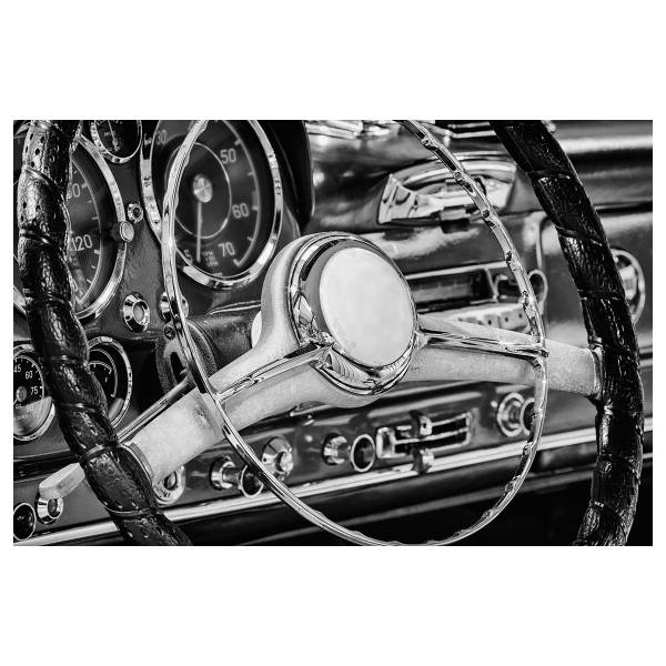 Leinwandbild Oldtimer Lenkrad Schwarz - Weiß - Mischgewebe - Pinie - 80 x 120 x 3.1 cm