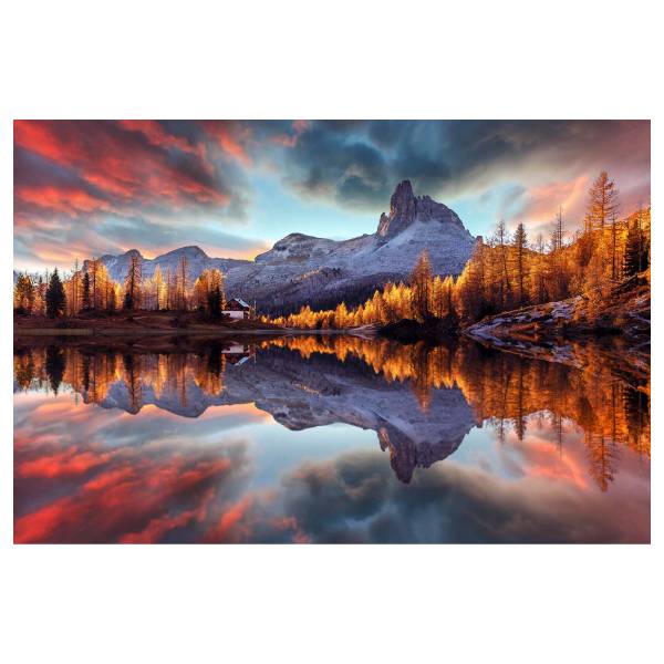 Leinwandbild Spiegelnde Berge Multicolor - Mischgewebe - Pinie - 80 x 120 x 3.1 cm