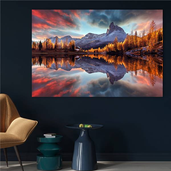 Leinwandbild Spiegelnde Berge Multicolor - Mischgewebe - Pinie - 80 x 120 x 3.1 cm