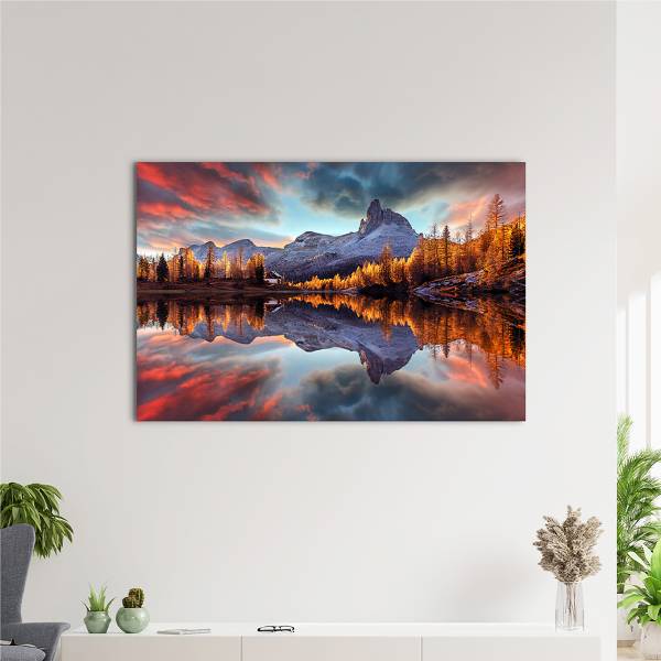 Leinwandbild Spiegelnde Berge Multicolor - Mischgewebe - Pinie - 80 x 120 x 3.1 cm