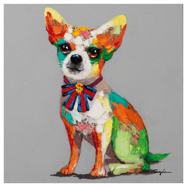 Toile Chihuahua coloré avec ruban Toile / sapin massif - Coloré / Gris
