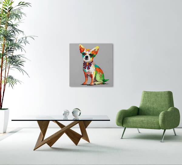 Toile Chihuahua coloré avec ruban Toile / sapin massif - Coloré / Gris