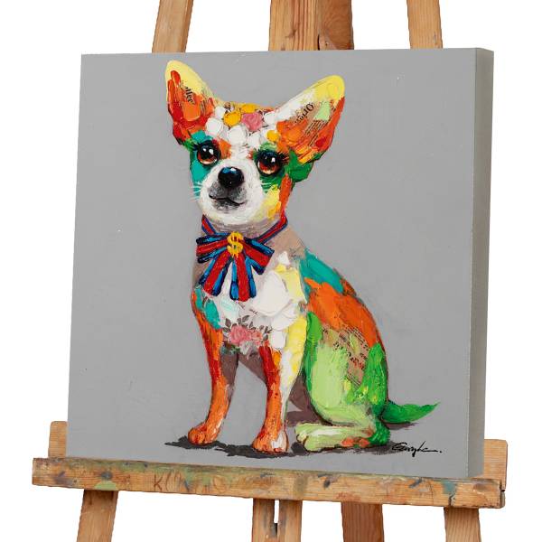 Toile Chihuahua coloré avec ruban Toile / sapin massif - Coloré / Gris