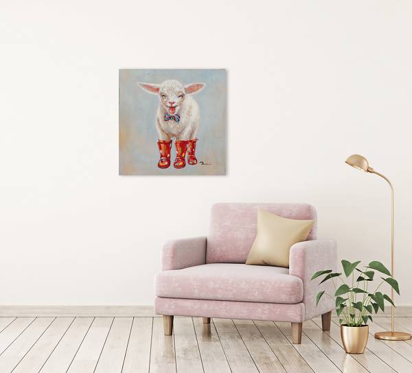 Leinwandbild Lamm in roten Gummistiefeln Leinwand / Tanne massiv - Beige / Rot / Blau